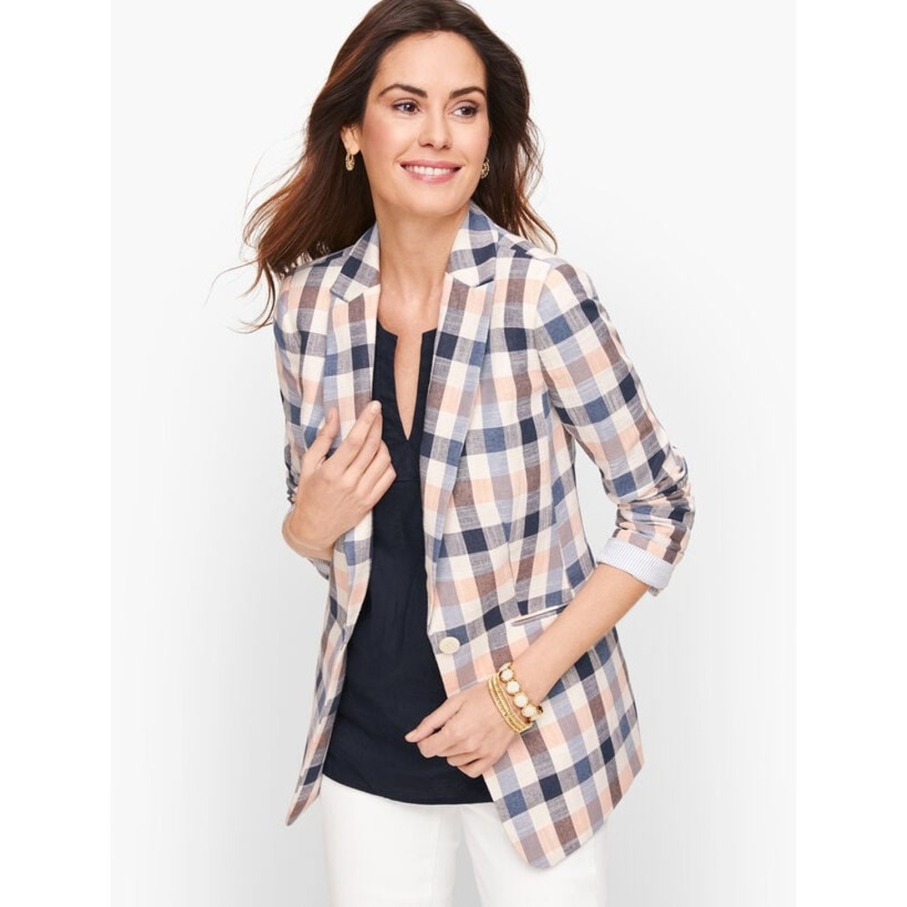 Talbots Vivid Plaid Blazer Size 14 Cotton Blend Blue Peach White Checked